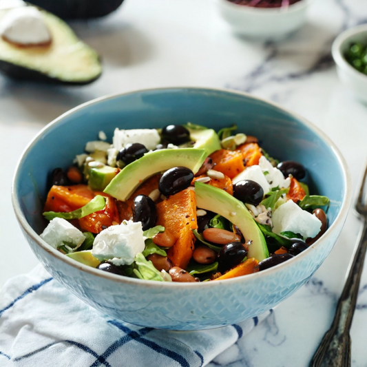 Hemp-Dressed Avocado, Black Bean, Sweet Potato, and Feta Salad