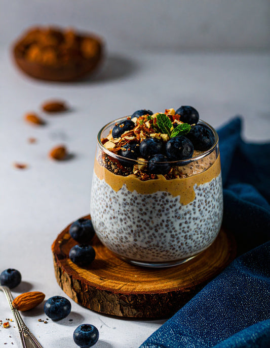 Chia Seed Pudding with Almond Butter and Blueberries