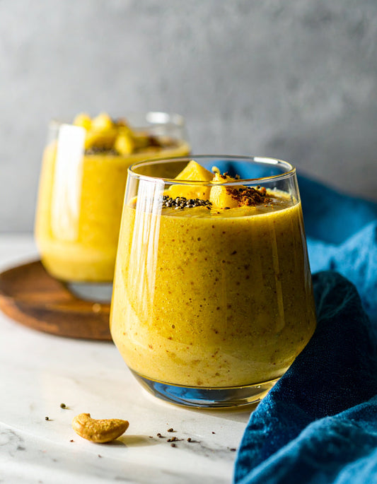 Pineapple Smoothie with Chia Seeds, Cashew Butter, and Turmeric