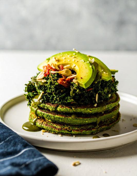 Green Protein Pancakes with Pumpkin Seed Butter, Kale, Kimchi & Avocado