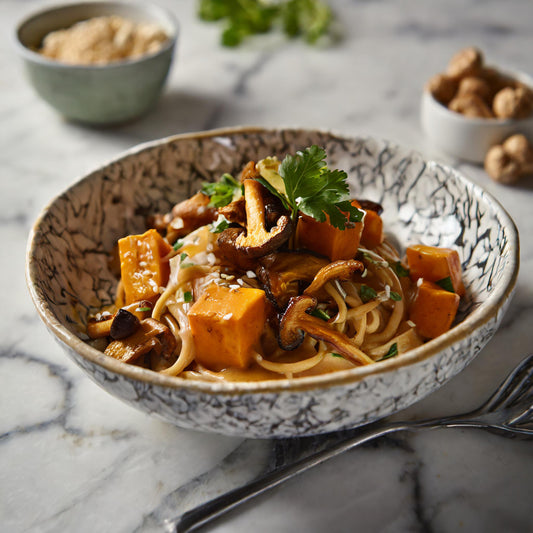 Creamy Cashew Butter Noodles with Sweet Potato, Shiitake Mushrooms, Garlic, and White Miso