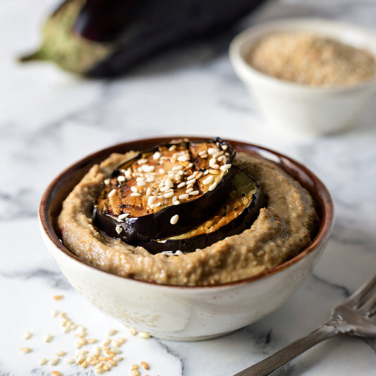Creamy Baba Ganoush with Raw White Sesame Tahini & Roasted Aubergines