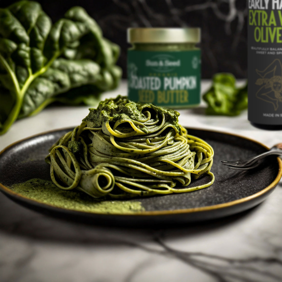 Creamy Pumpkin Seed Pasta with Cavolo Nero, Pumpkin Seed Pesto, and Nutritional Yeast: