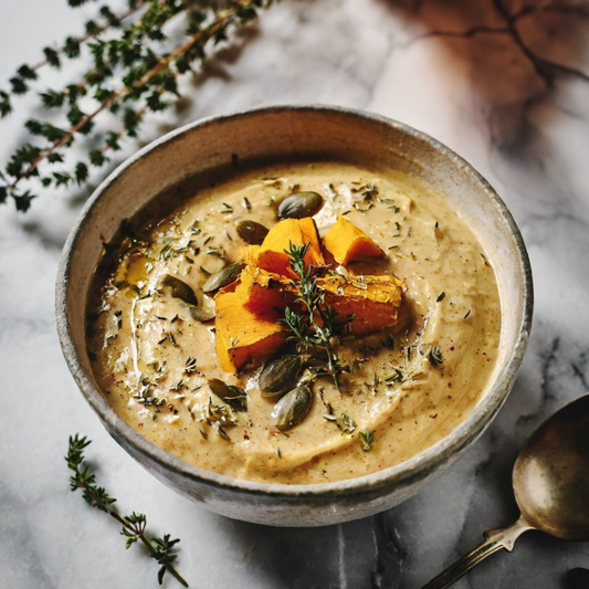 Plant-Based Savory Pumpkin Seed Butter Porridge with Roasted Pumpkin and Thyme