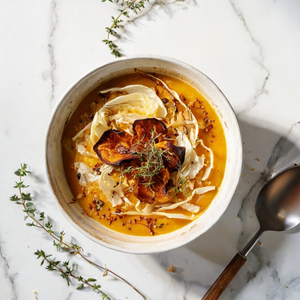 Chia Protein Soup with Roasted White Cabbage, Onions, and Squash