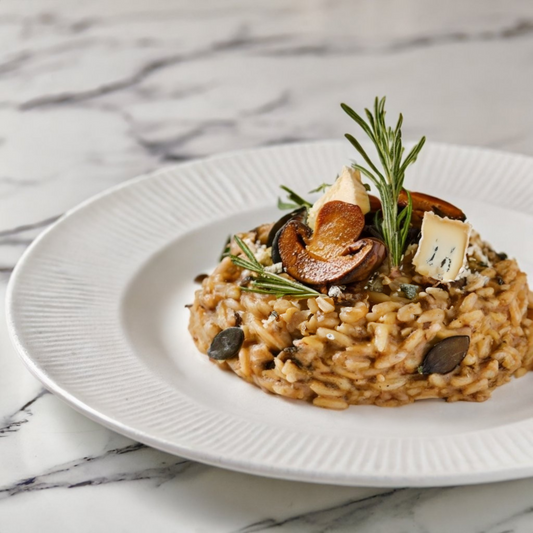 Toasted Pumpkin Seed Oil Infused Brown Mushroom and Rosemary Risotto with Blue Cheese