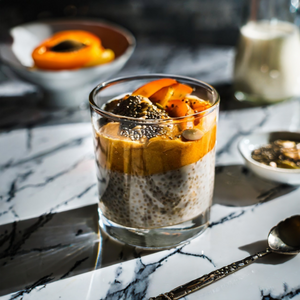 Chia Pudding with Apricot Pieces and Apricot Kernel Butter