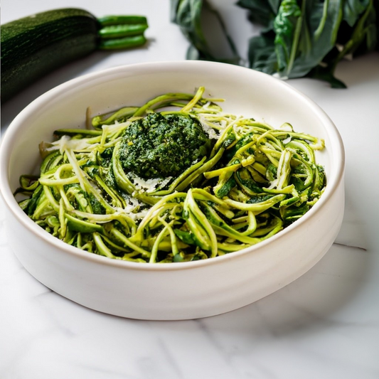 Raw Courgette Spaghetti with Nutritional Yeast and Cavolo Nero Pesto