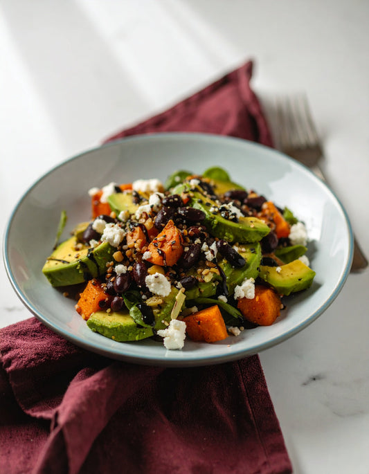 Hemp-Dressed Avocado, Black Bean, Sweet Potato, and Feta Salad