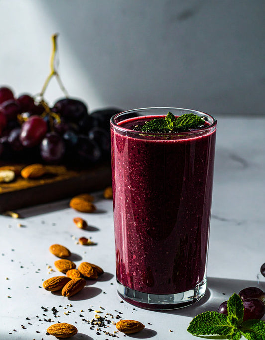 Black Grape and Banana Smoothie with Almond Protein and Black Tahini