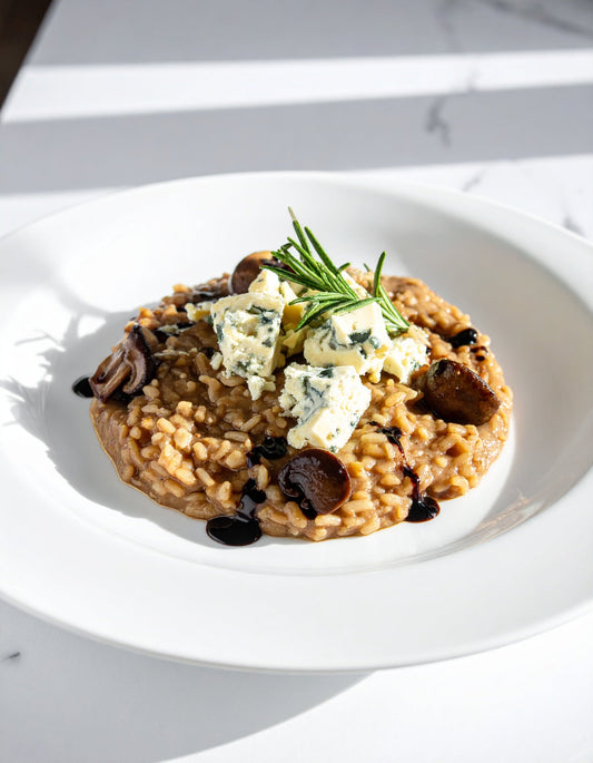 Pumpkin Seed Oil Infused Brown Mushroom and Rosemary Risotto with Blue Cheese
