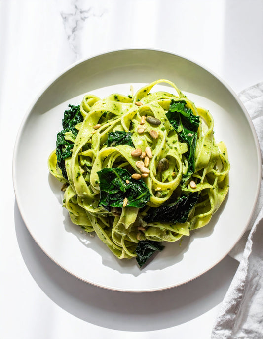 Creamy Pumpkin Seed Pasta with Cavolo Nero, Pumpkin Seed Pesto, and Nutritional Yeast: