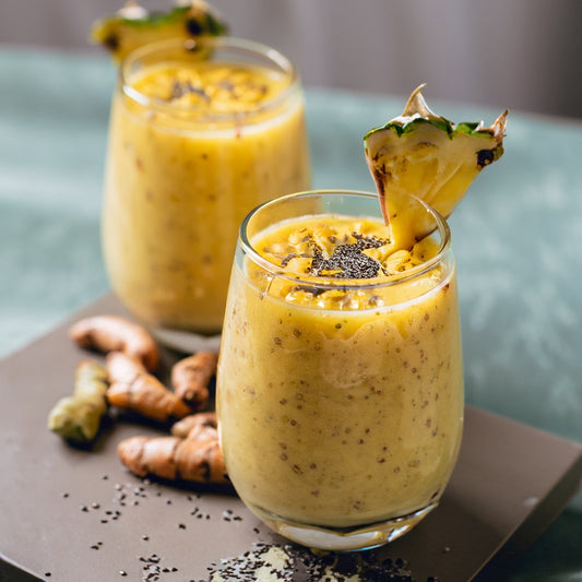 Pineapple Smoothie with Chia Seeds, Cashew Butter, and Turmeric