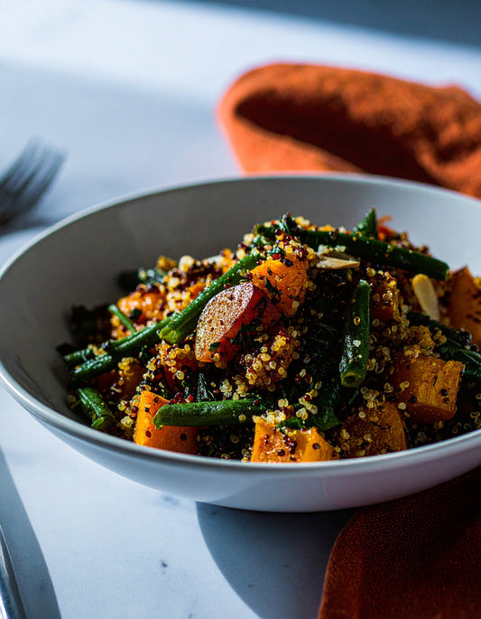 Roasted Pumpkin, Quinoa and Green Bean Salad With Cold Pressed Pumpkin Seed Oil Dressing
