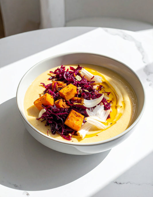 Chia Protein Soup with Roasted White Cabbage, Onions, and Squash