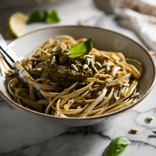 Sprouted Sunflower Seed Pesto Pasta