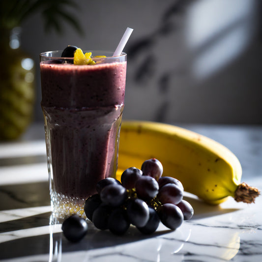 Black Grape and Banana Smoothie with Almond Protein and Black Tahini