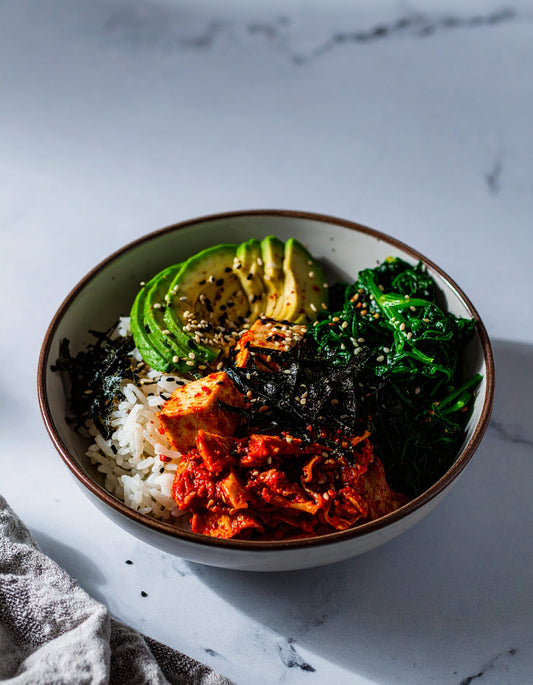Furikake Rice Bowl with Tofu, Kimchi, Greens &amp; Avocado
