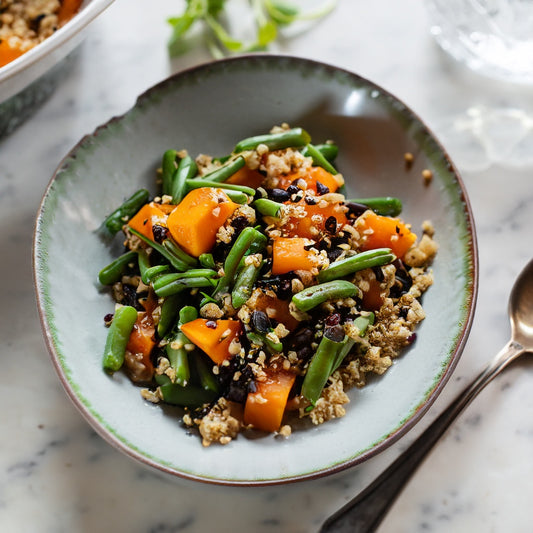 Roasted Pumpkin, Quinoa and Green Bean Salad With Cold Pressed Pumpkin Seed Oil Dressing