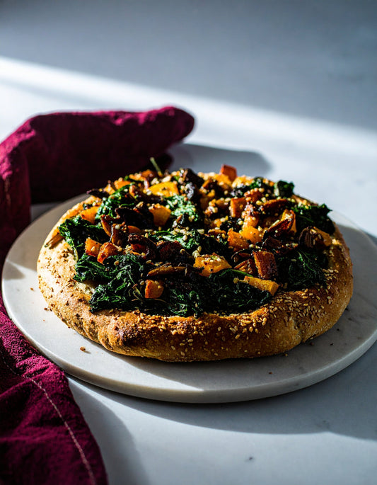 Hempesan GF Focaccia with Roasted Mushrooms, Spinach & Squash