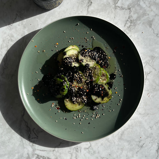 Japanese Cucumber Salad with Furikake topping and Black Tahini Dressing