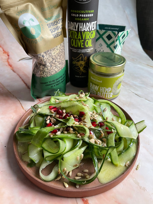 Cucumber Salad with Hemp butter Dressing and Sprouted sunflower seeds