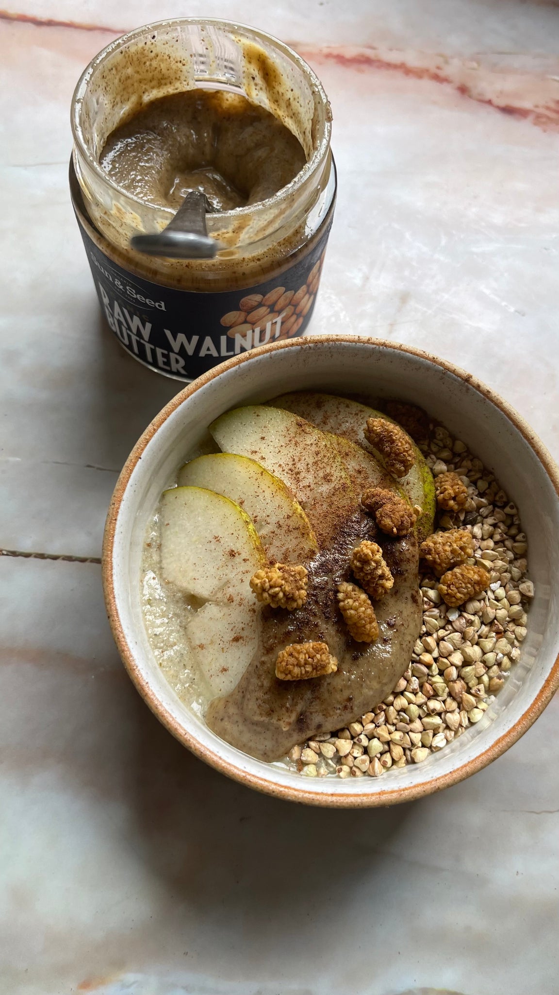 Sprouted Buckwheat, Walnut butter and Pear Bowl