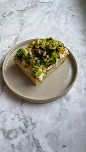 Hummus, courgette, pistachios and gluten-free focaccia toast