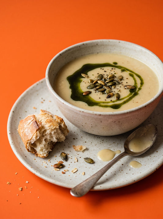 Roast parsnip and apple soup with pumpkin seed oil