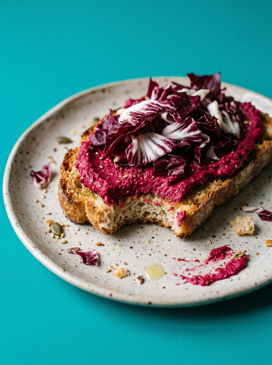 Beetroot Hummus, Radicchio and Gluten-Free Focaccia Toast