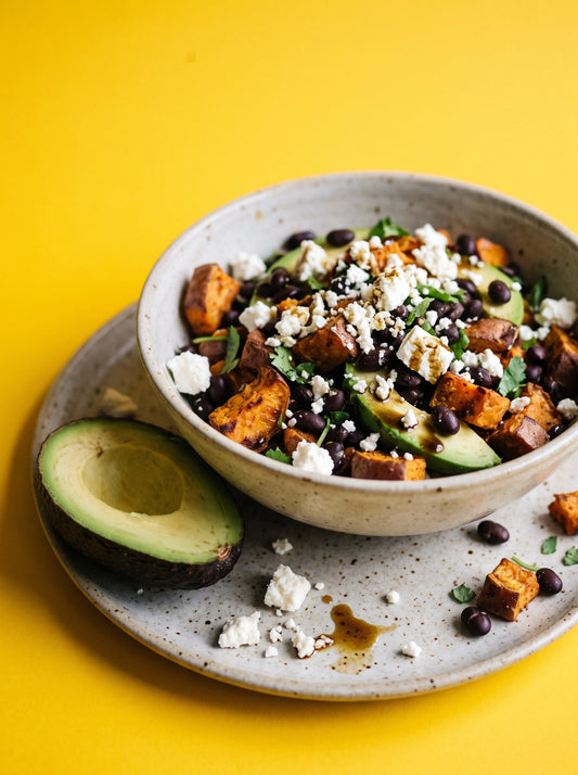 Hemp-Dressed Avocado, Black Bean, Sweet Potato and Feta Salad