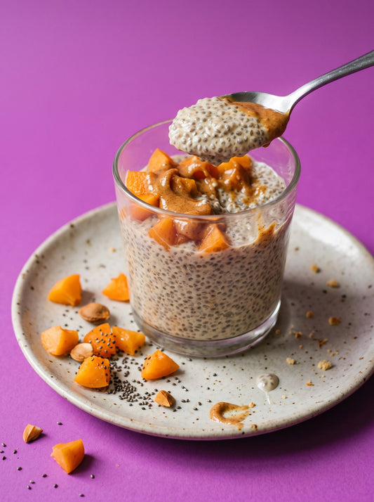Chia Pudding with Apricot Pieces and Apricot Kernel Butter