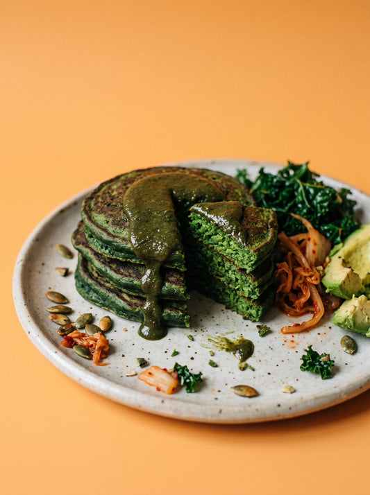 Green Protein Pancakes with Pumpkin Seed Butter, Kale, Kimchi and Avocado