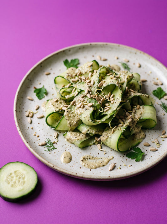 Cucumber Ribbon Salad with Hemp Seed Butter Dressing and Sprouted Sunflower Seeds