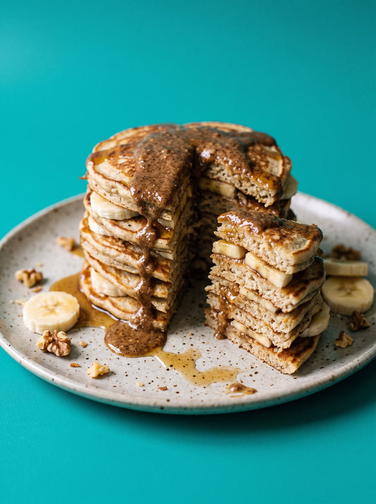 Pancakes Layered with Walnut Butter and Banana