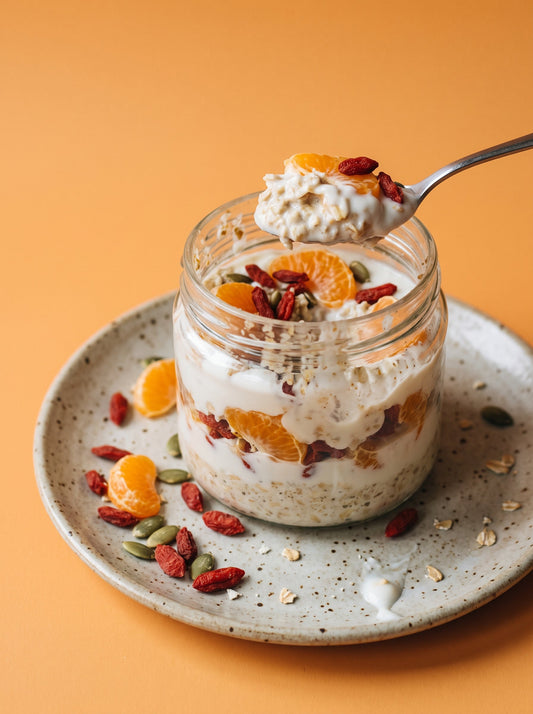 Sprouted Overnight Oats with Chia Protein, Mandarin, Goji and Coconut Yoghurt
