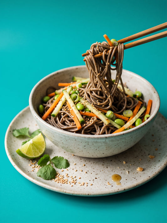 Cold soba noodle salad with sesame and flax seed oil dressing