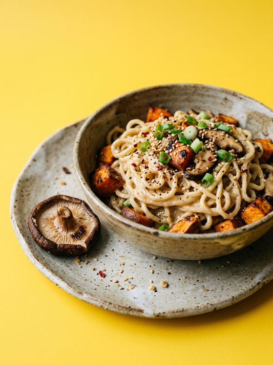 Creamy Cashew Butter Noodles with Sweet Potato and Shiitake