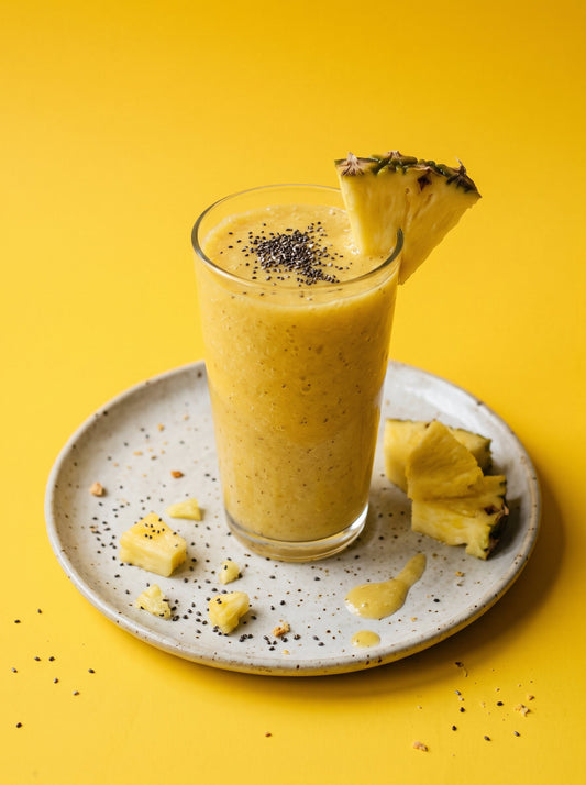 Pineapple Smoothie with Chia Seeds, Cashew Butter and Turmeric