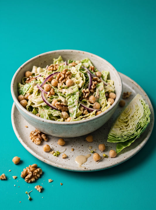 Crunchy Green Cabbage Salad with Chickpeas, Walnuts and Tahini Mustard Dressing