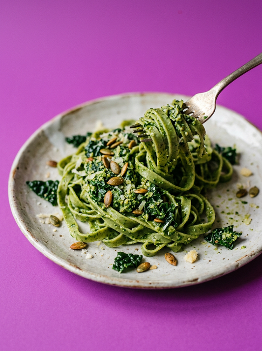 Creamy Pumpkin Seed Pasta with Cavolo Nero Pesto