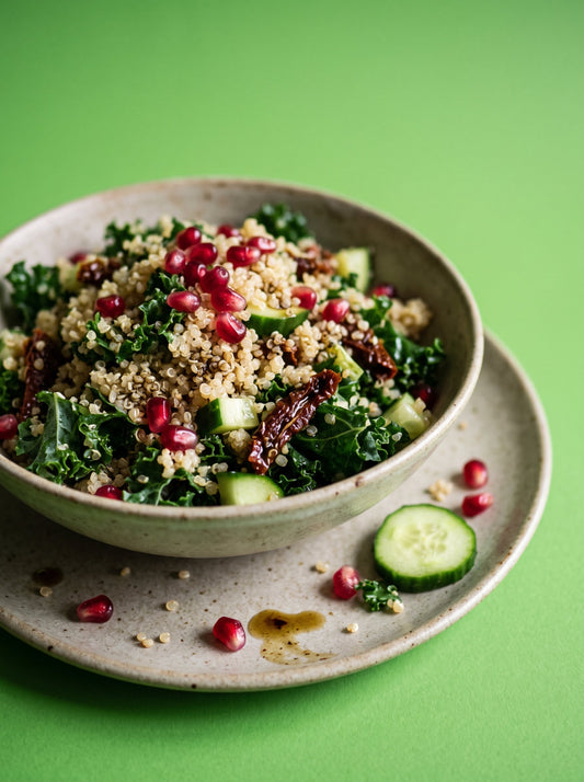 Quinoa, Kale and Sun-Dried Tomato Salad with Hemp Oil and Pomegranate Vinegar Dressing
