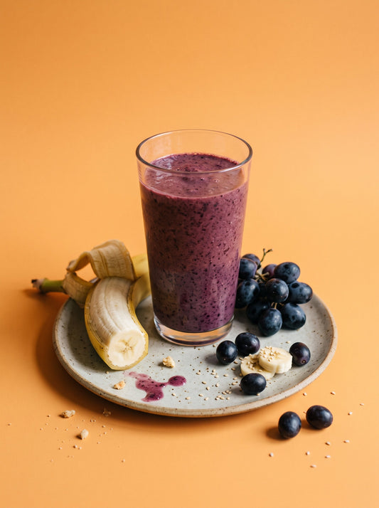 Black Grape and Banana Smoothie with Almond Protein and Black Tahini